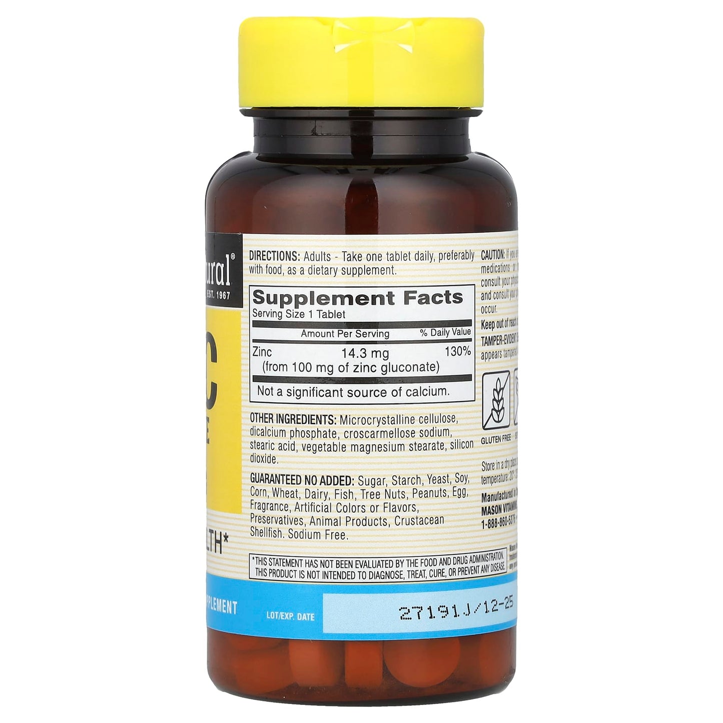 Mason Natural, Chelated Zinc Gluconate , 100 mg, 100 Tablets - Image 2