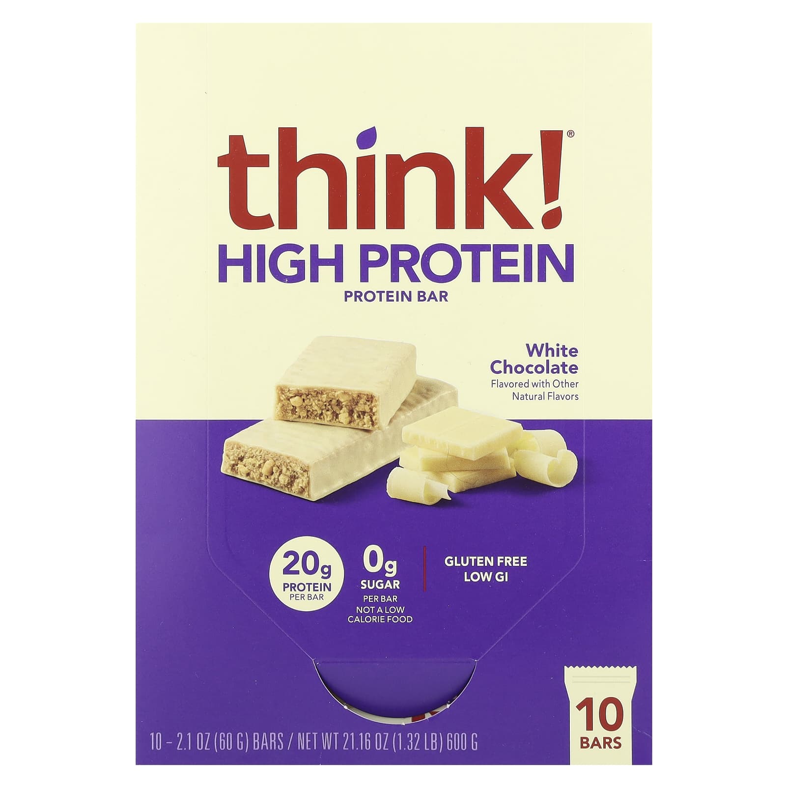 Think !, High Protein Bars, White Chocolate, 10 Bars, 2.1 oz (60 g) Each - Image 1
