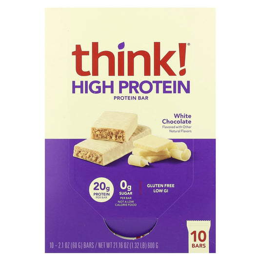 Think !, High Protein Bars, White Chocolate, 10 Bars, 2.1 oz (60 g) Each - Image 1