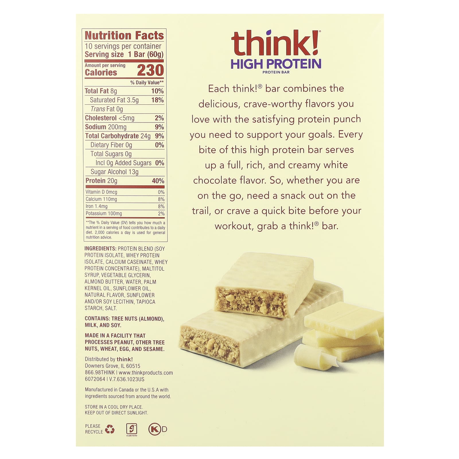 Think !, High Protein Bars, White Chocolate, 10 Bars, 2.1 oz (60 g) Each - Image 2