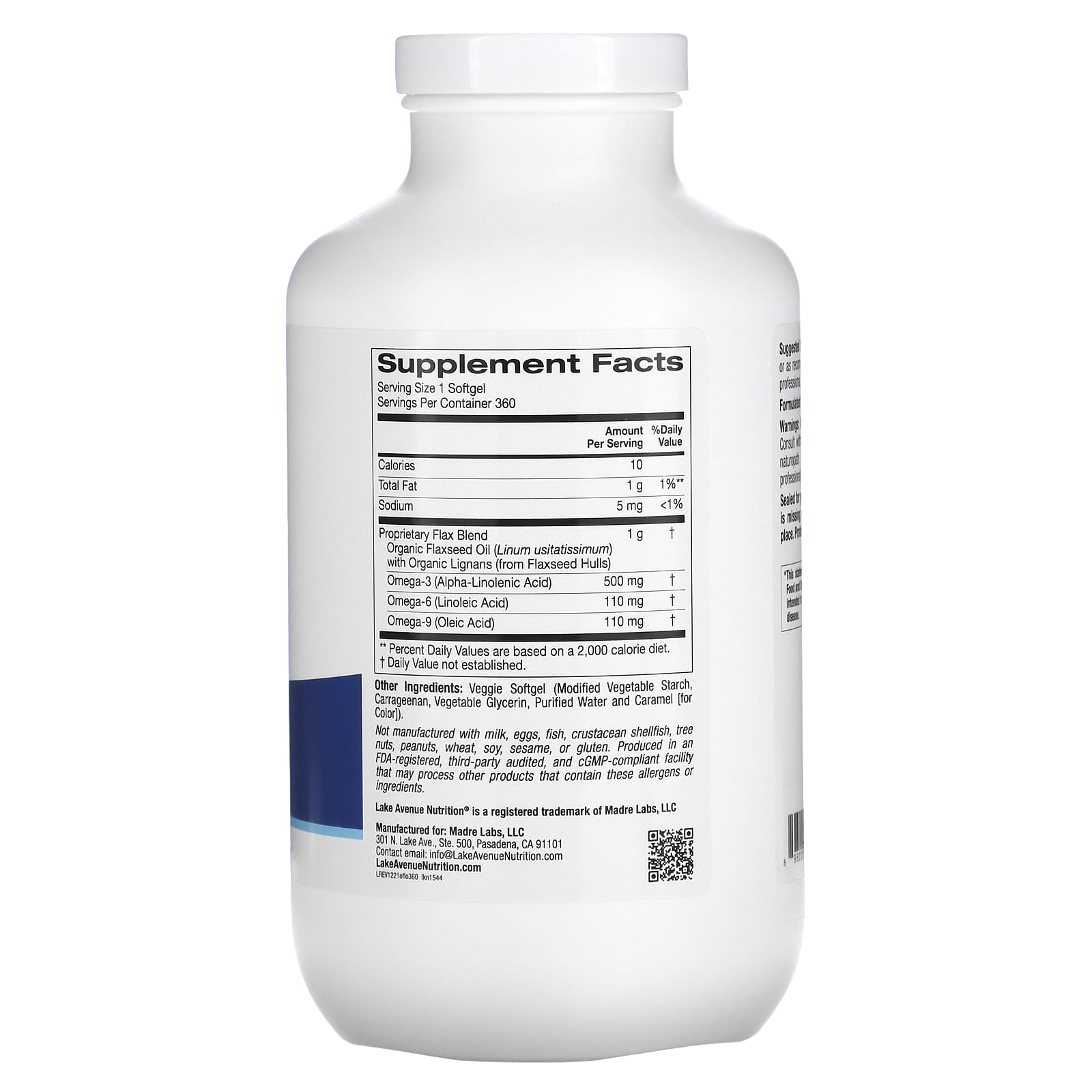Lake Avenue Nutrition, Cold Pressed Flaxseed Oil with Lignans, 1 g, 360 Veggie Softgels