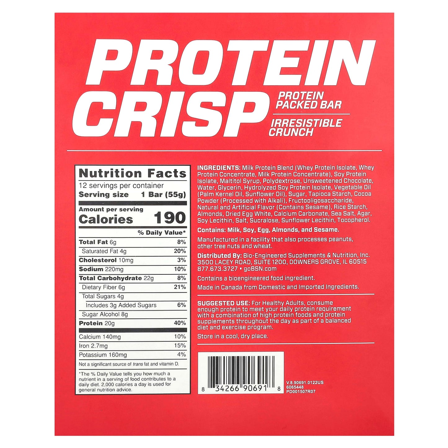 BSN Protein Crisp Bars, Chocolate Crunch, Gluten Free, 12 Count - Image 2