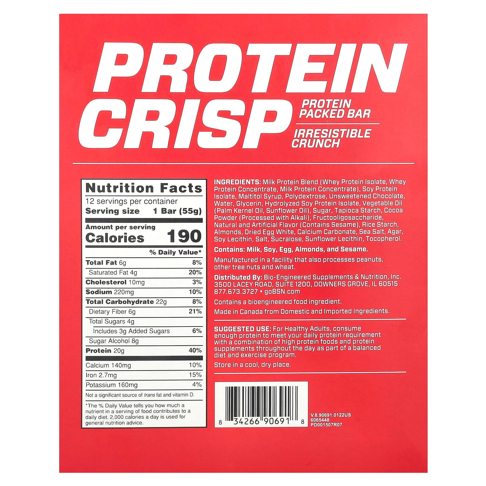 BSN Protein Crisp Bars, Chocolate Crunch, Gluten Free, 12 Count - Image 2