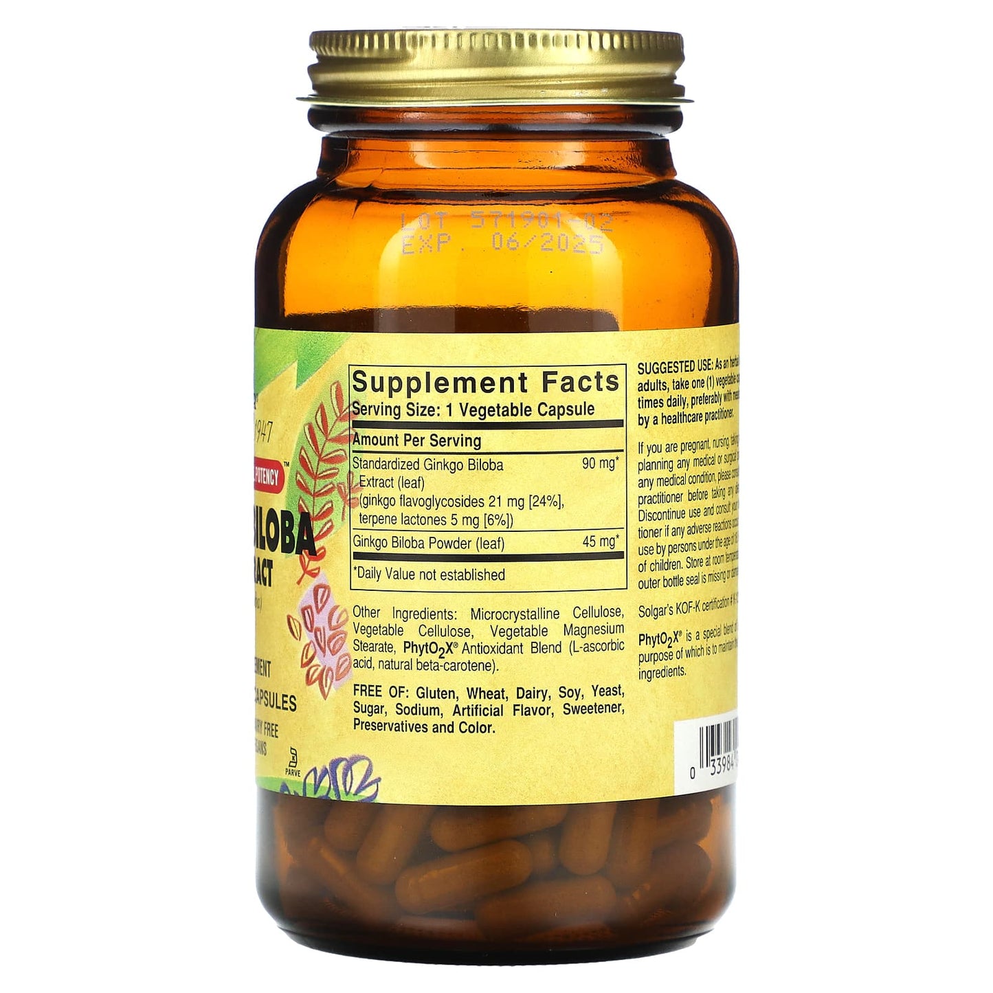 Solgar, Ginkgo Biloba Leaf Extract, 180 Vegetable Capsules - Image 2