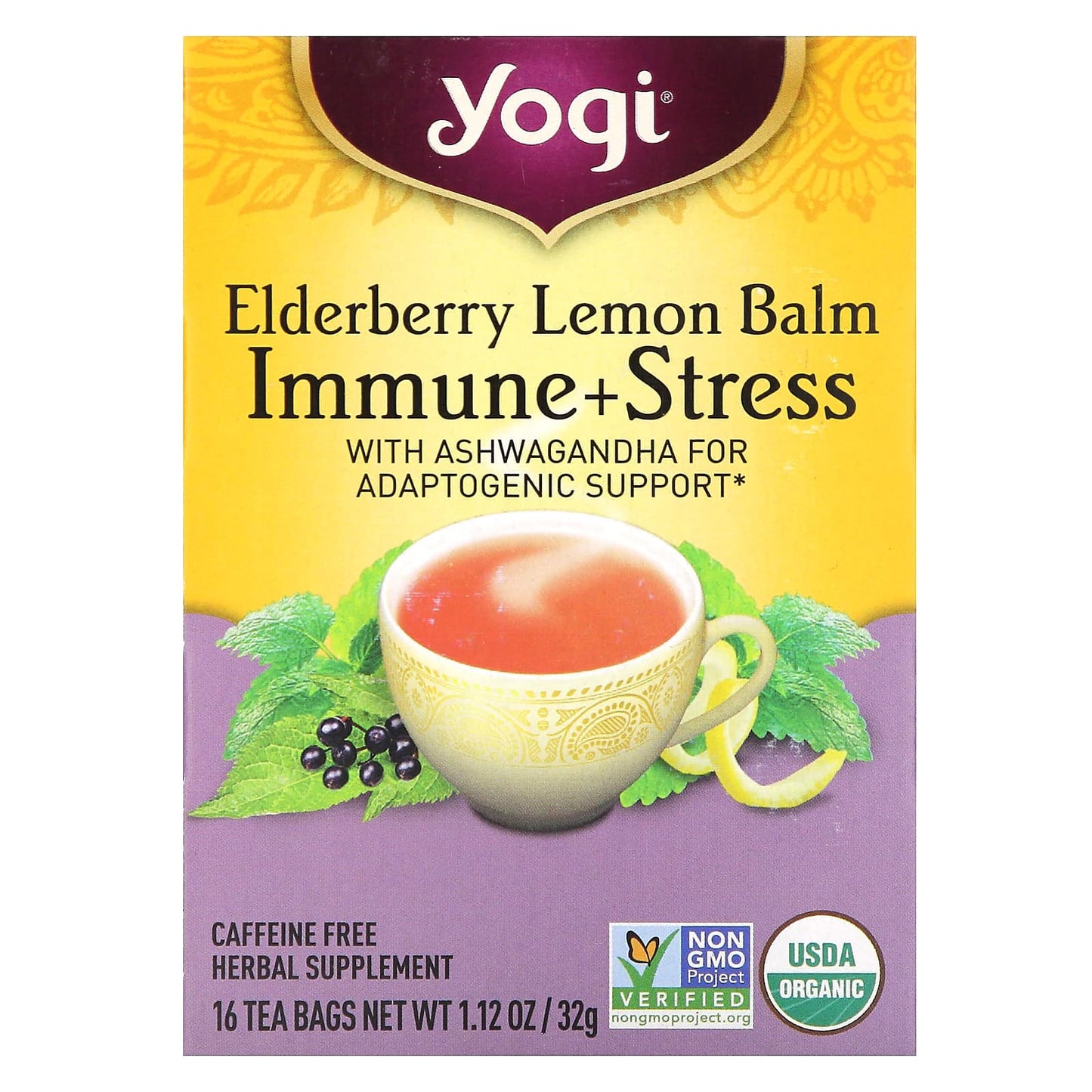 Yogi Tea, Immune + Stress, Elderberry Lemon Balm, Caffeine Free, 16 Tea Bags, 1.12 oz (32 g) - Image 1