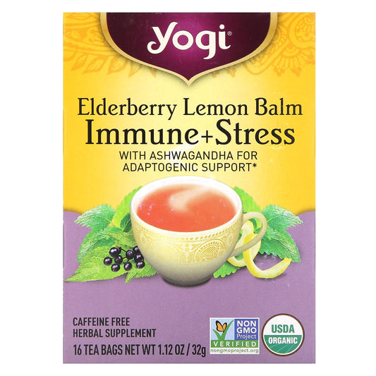 Yogi Tea, Immune + Stress, Elderberry Lemon Balm, Caffeine Free, 16 Tea Bags, 1.12 oz (32 g) - Image 1