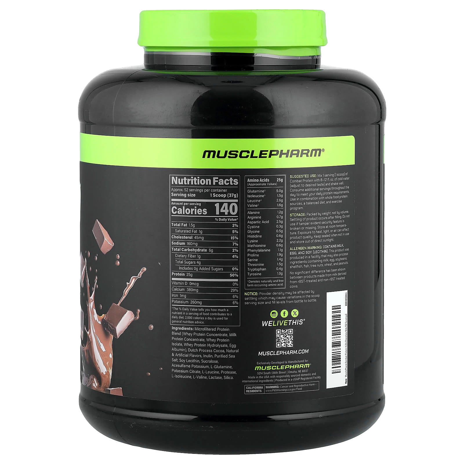 MusclePharm, Combat Protein Powder, Chocolate Milk, 4.1 lb (1.86 kg) - Image 2