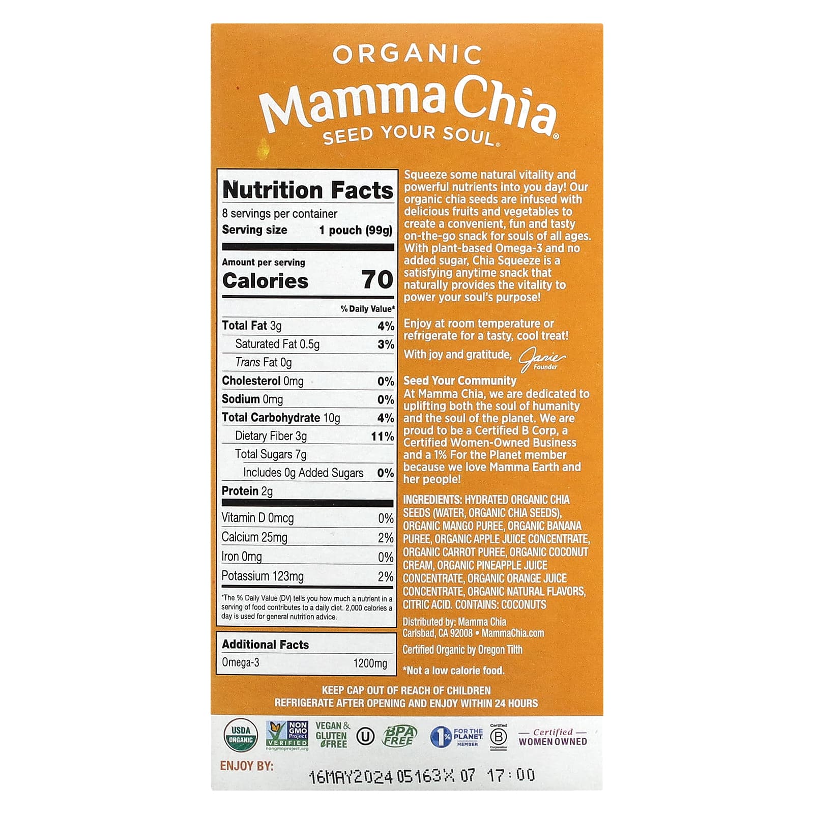 Mamma Chia, Organic Chia Squeeze, Vitality Snack, Mango Coconut, 8 Squeezes, 3.5 oz (99 g) Each - Image 2