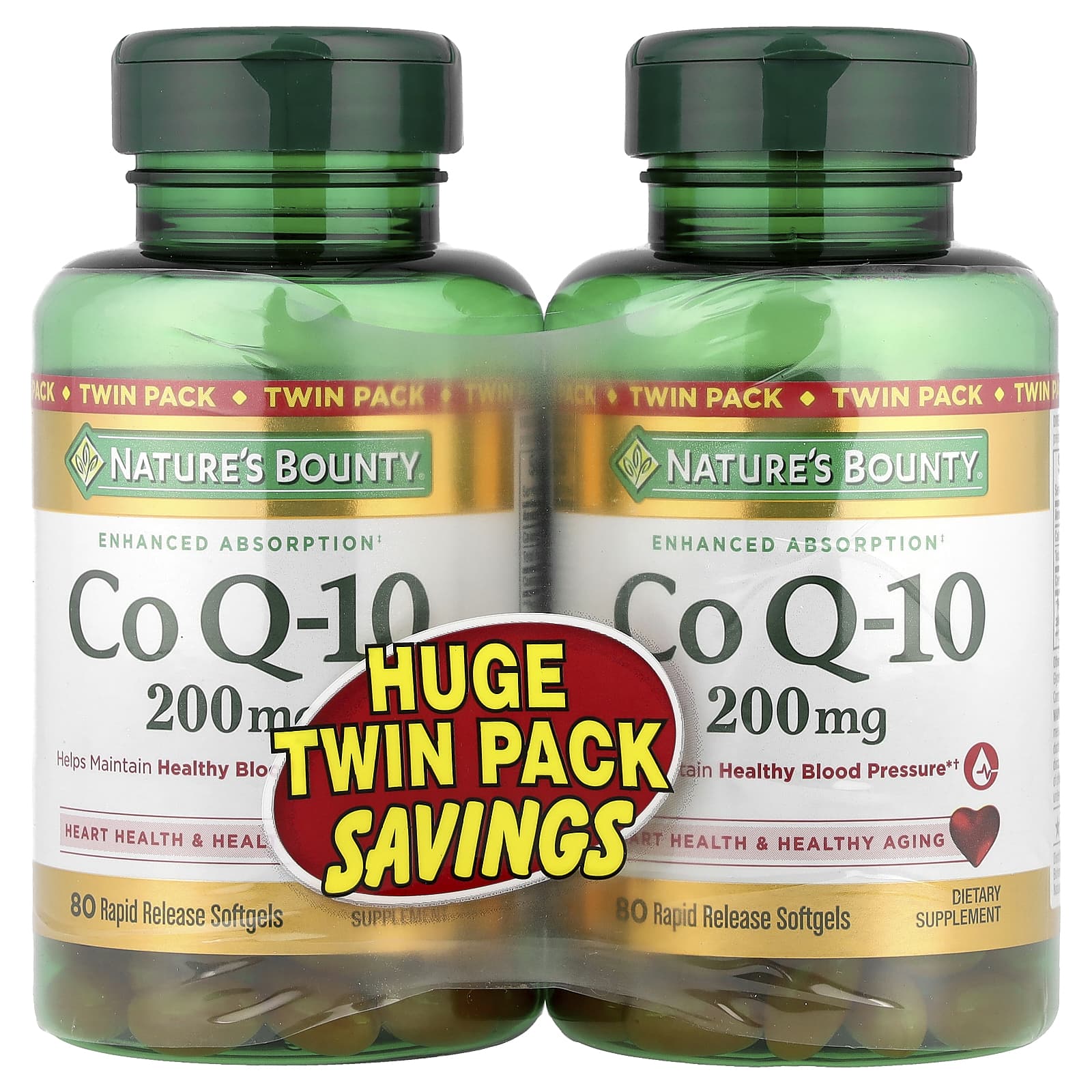 Nature's Bounty, Co Q-10, Twin Pack, 200 mg, 2 Bottles, 80 Rapid Release Softgels Each - Image 1