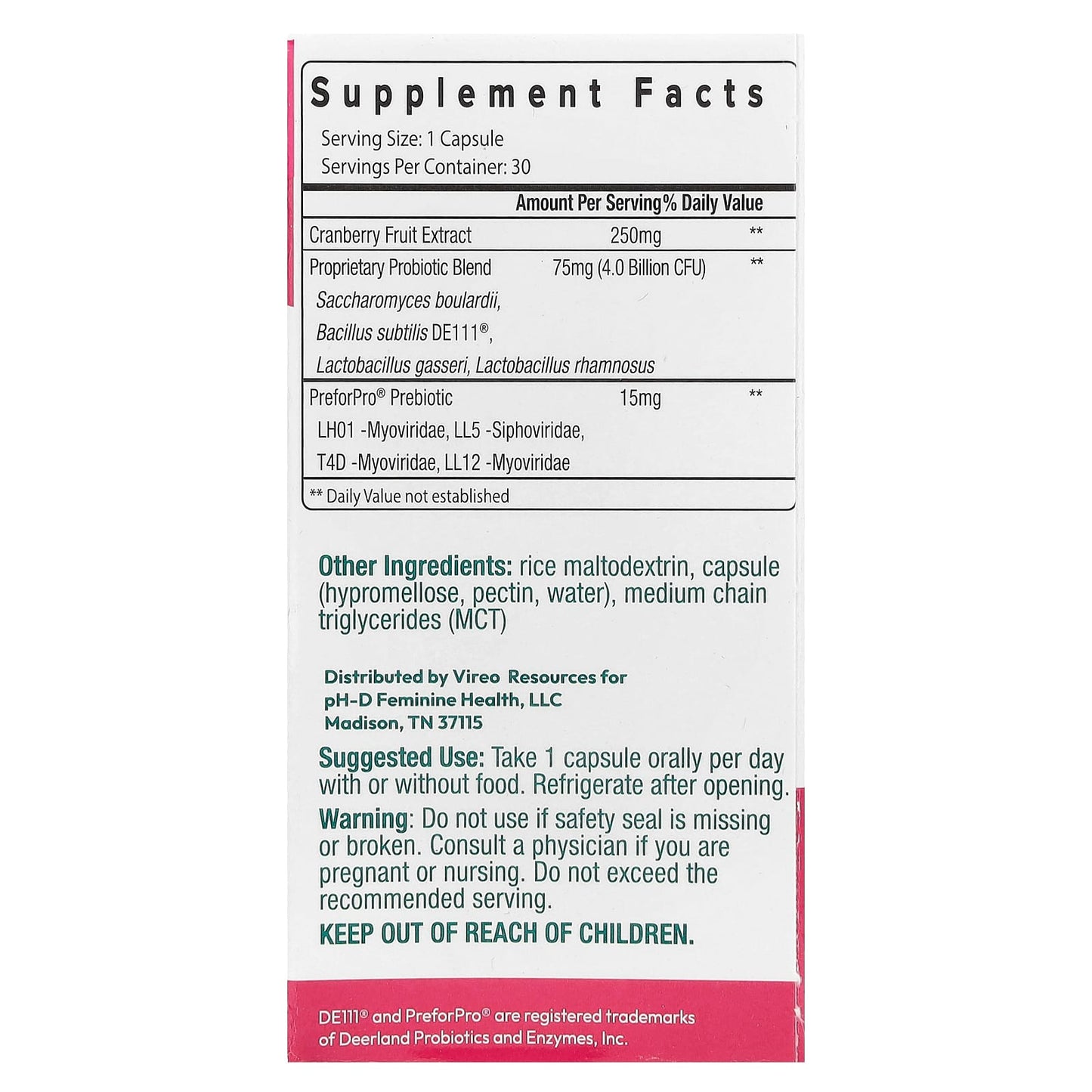 pH-D Feminine Health, Women's Probiotic and Prebiotics With Cranberry, 30 Capsules - Image 2