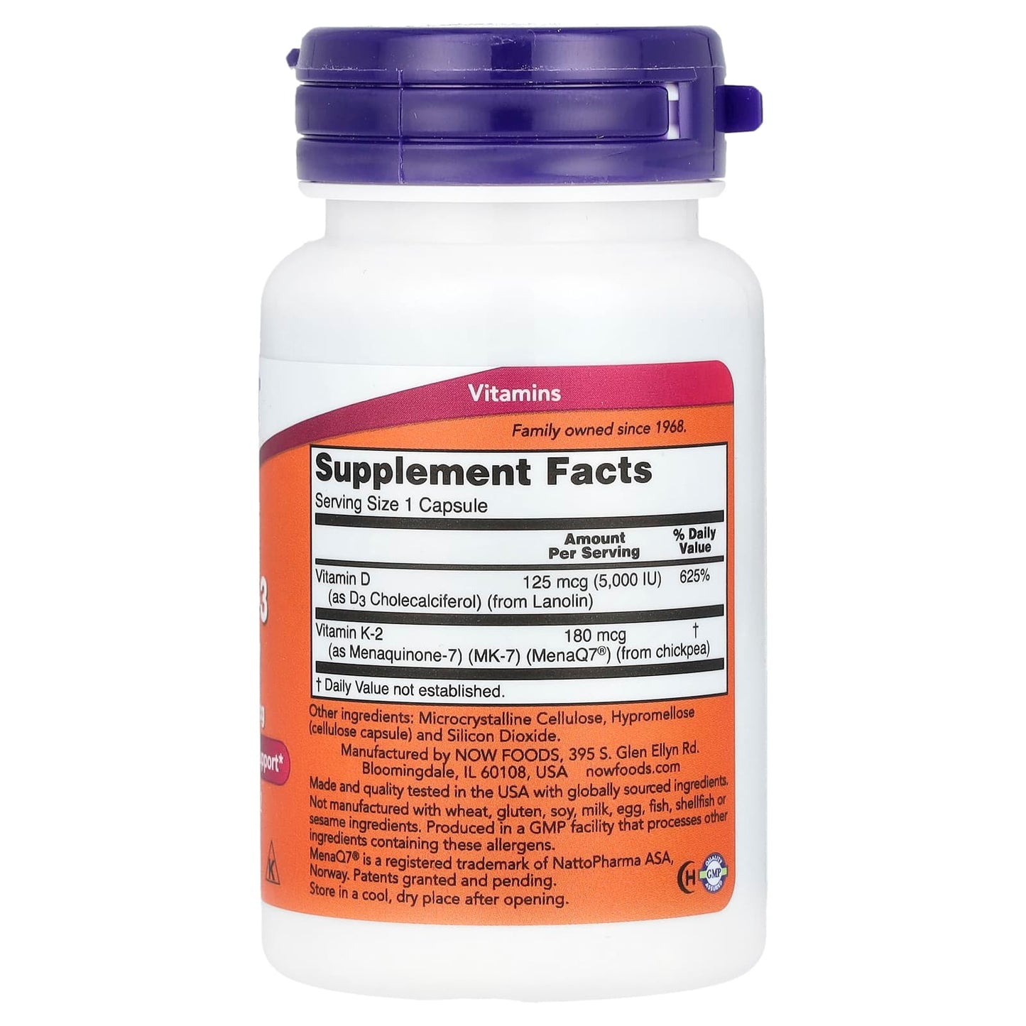 NOW Foods, Mega D-3 & MK-7, 5,000 IU / 180 mcg, 60 Capsules - Image 2