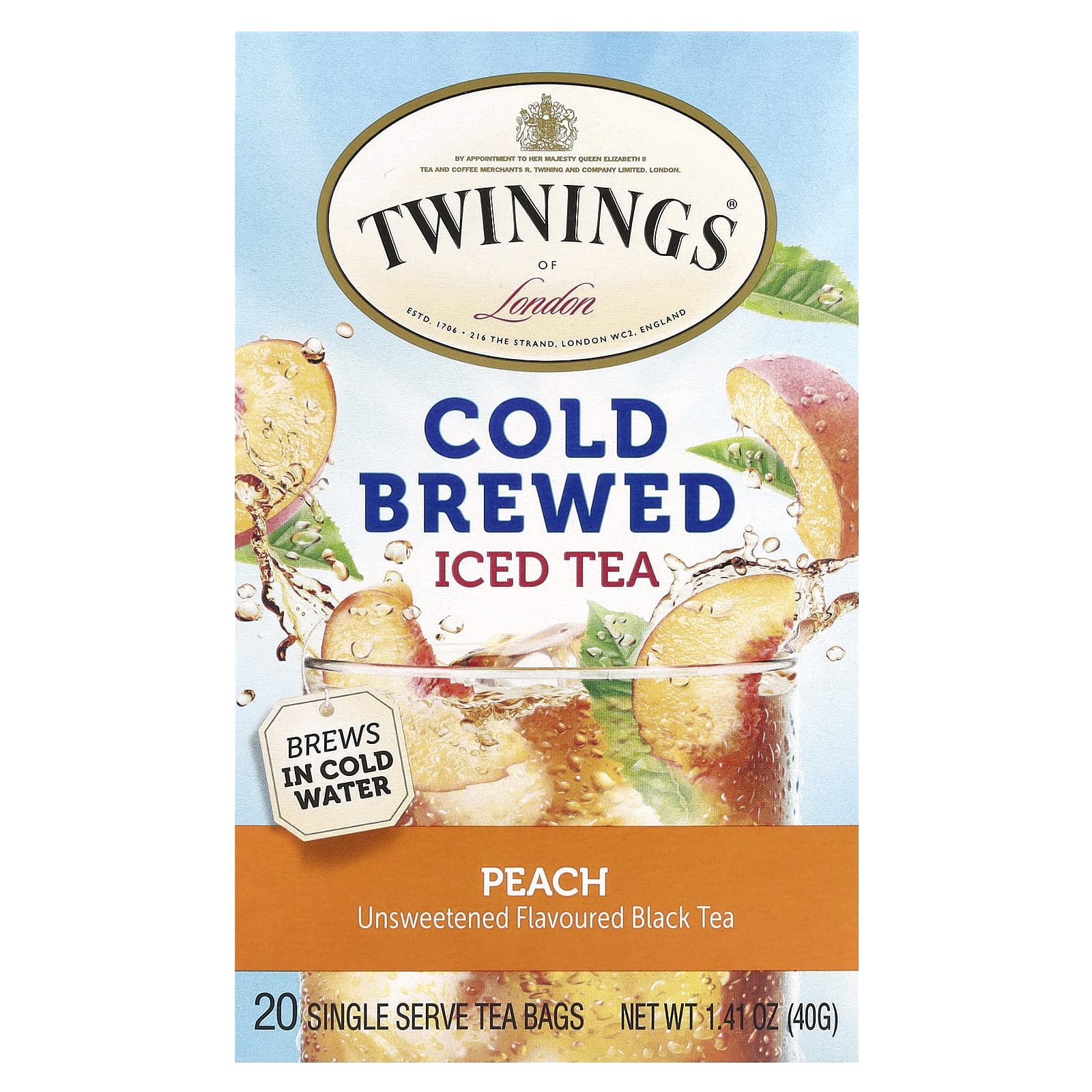 Twinings, Cold Brewed Iced Tea, Black Tea, Unsweetened, Peach, 20 Single Serve Tea Bags, 1.41 oz (40 g) - Image 1