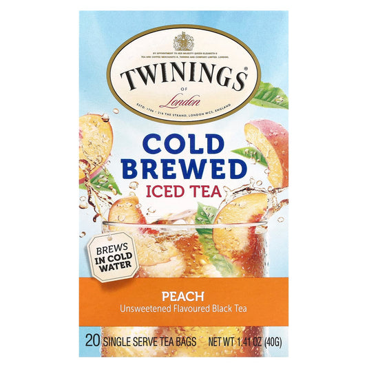 Twinings, Cold Brewed Iced Tea, Black Tea, Unsweetened, Peach, 20 Single Serve Tea Bags, 1.41 oz (40 g) - Image 1