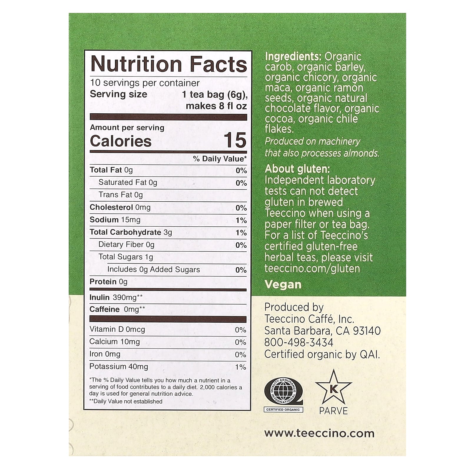 Teeccino, Organic Roasted Herbal Tea, Maca Chocolate, Caffeine Free, 10 Tea Bags, 2.12 oz (60 g) - Image 2