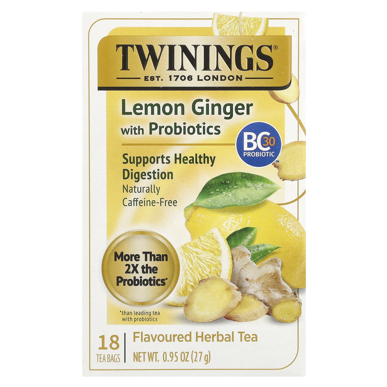 Twinings, Herbal Tea, Lemon Ginger With Probiotics, Caffeine-Free, 18 Tea Bags, 0.95 oz (27 g) - Image 1