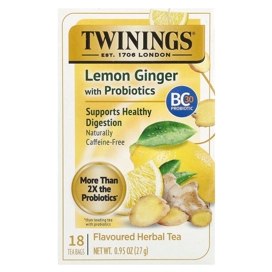 Twinings, Herbal Tea, Lemon Ginger With Probiotics, Caffeine-Free, 18 Tea Bags, 0.95 oz (27 g) - Image 1