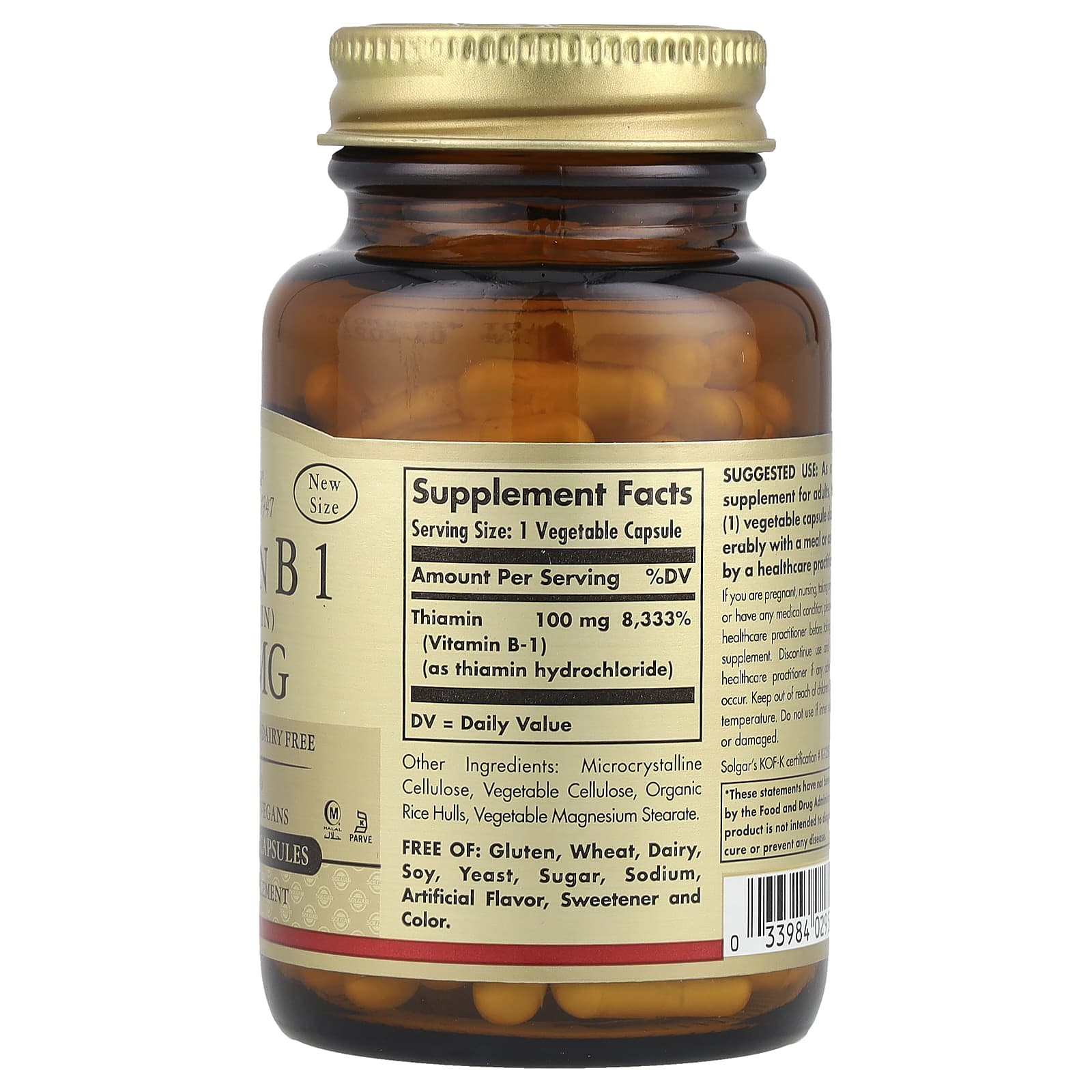 Solgar, Vitamin B1, 100 mg, 100 Vegetable Capsules