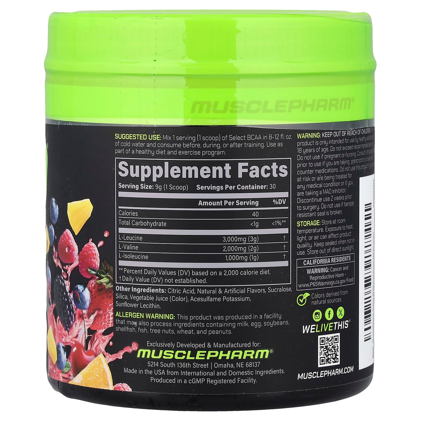 MusclePharm, Essentials, BCAA, Fruit Punch, 0.57 lbs (258 g) - Image 2
