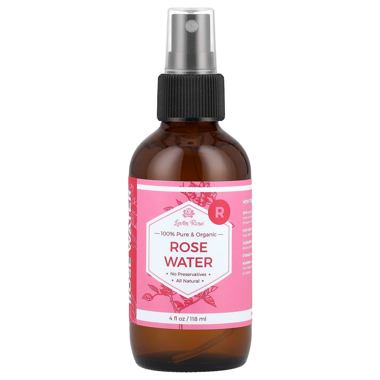 Leven Rose, 100% Pure & Organic, Rose Water, 4 fl oz (118 ml) - Image 1