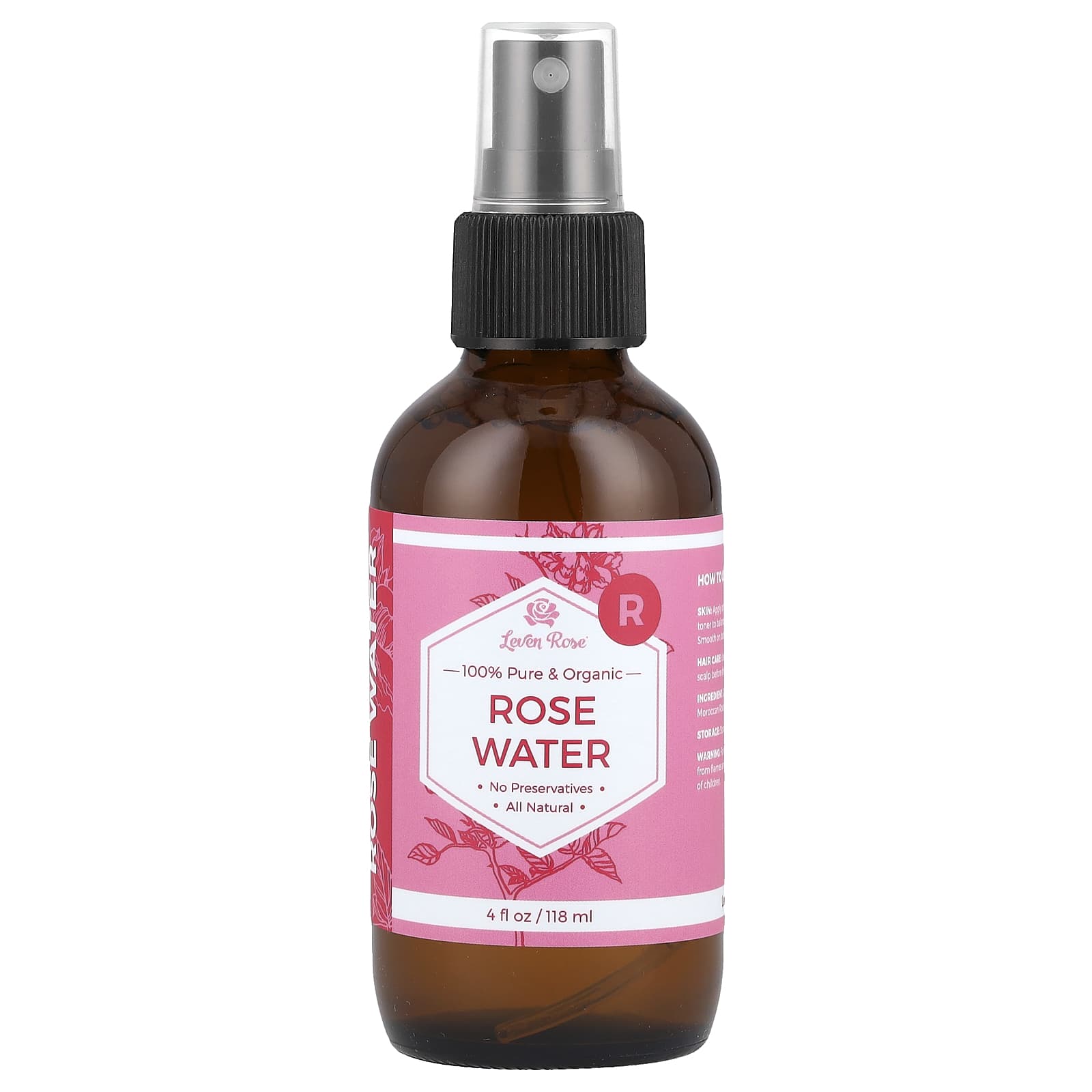 Leven Rose, 100% Pure & Organic, Rose Water, 4 fl oz (118 ml) - Image 1