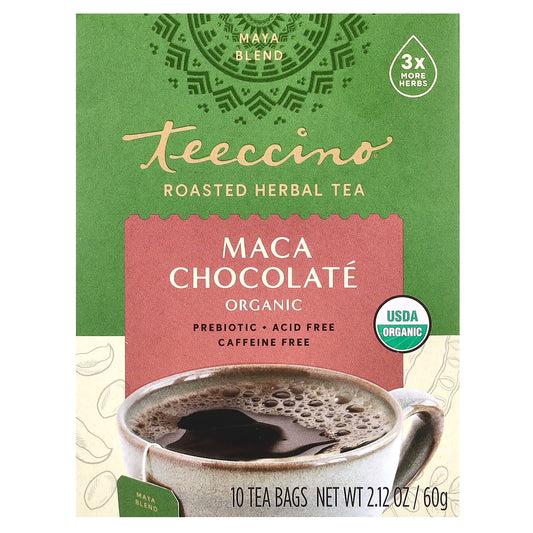 Teeccino, Organic Roasted Herbal Tea, Maca Chocolate, Caffeine Free, 10 Tea Bags, 2.12 oz (60 g) - Image 1