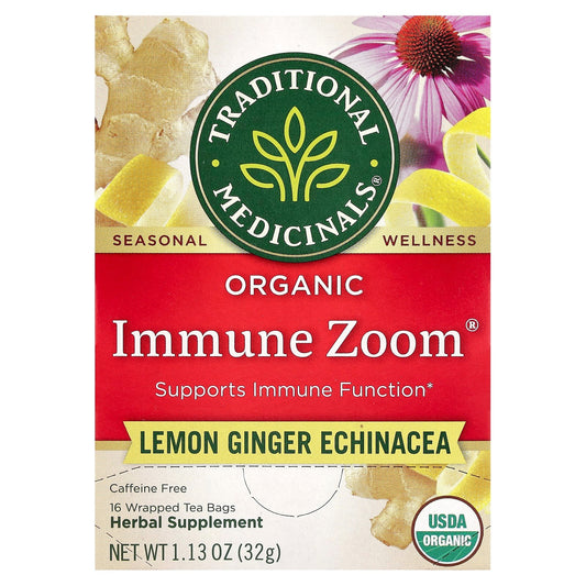 Traditional Medicinals, Organic Immune Zoom®, Lemon Ginger Echinacea, Caffeine Free, 16 Wrapped Tea Bags, 1.13 oz (32 g) - Image 1