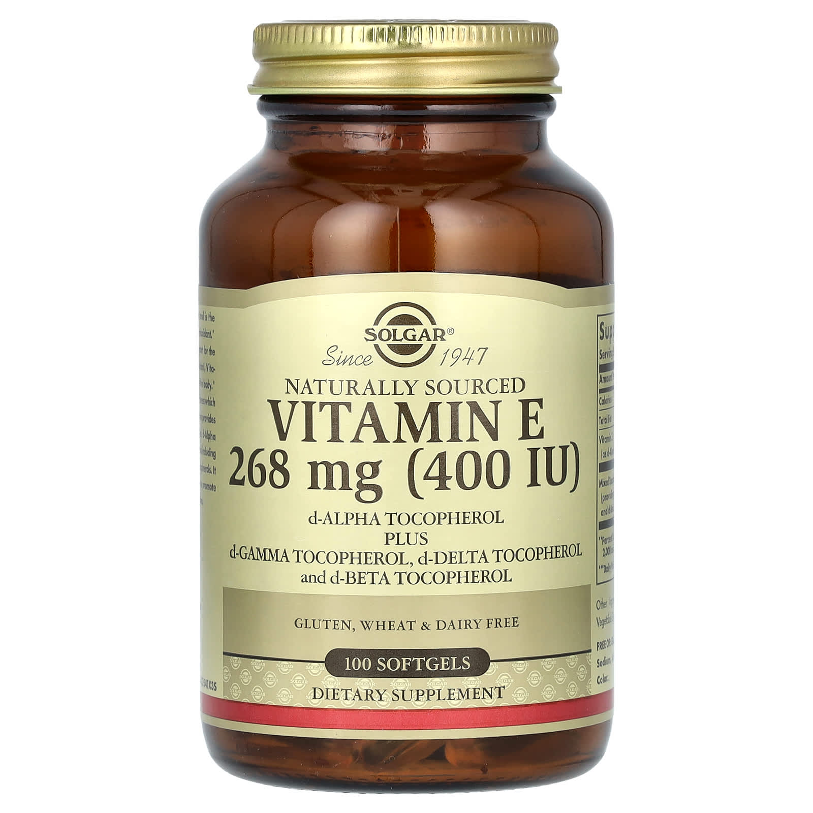 Solgar, Naturally Sourced Vitamin E, 100 Softgels - Image 1