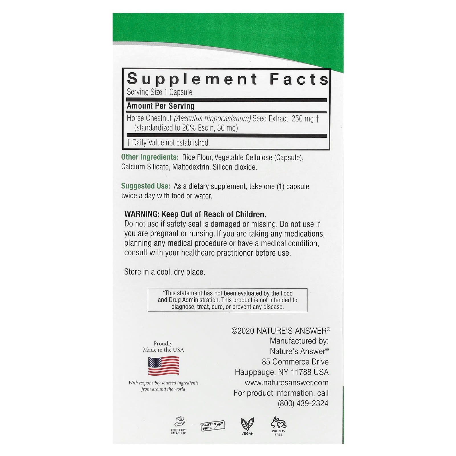 Nature's Answer, Horse Chestnut, 250 mg, 90 Vegetarian Capsules - Image 2