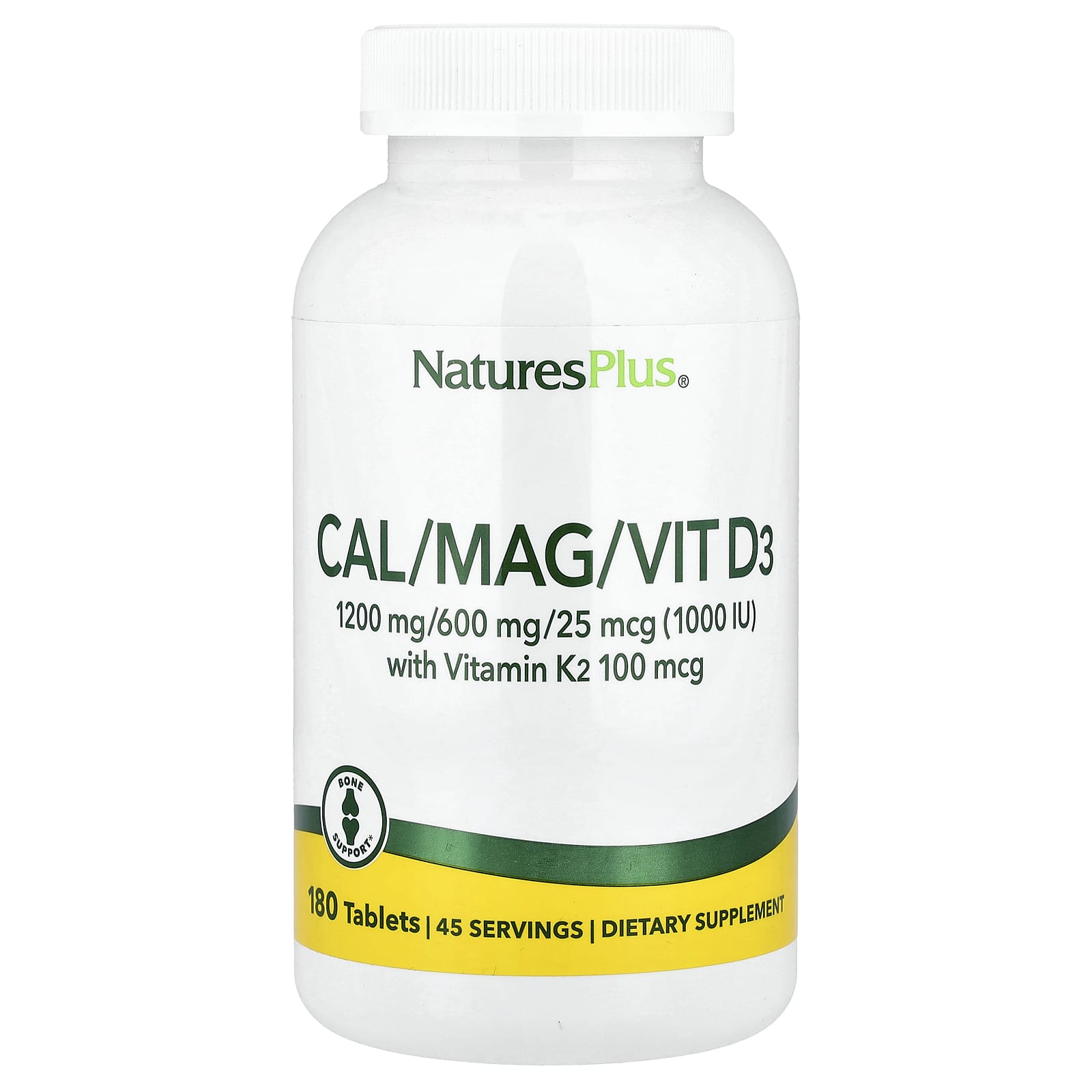 NaturesPlus, Cal/Mag/Vit D3 with Vitamin K2, 180 Tablets - Image 1
