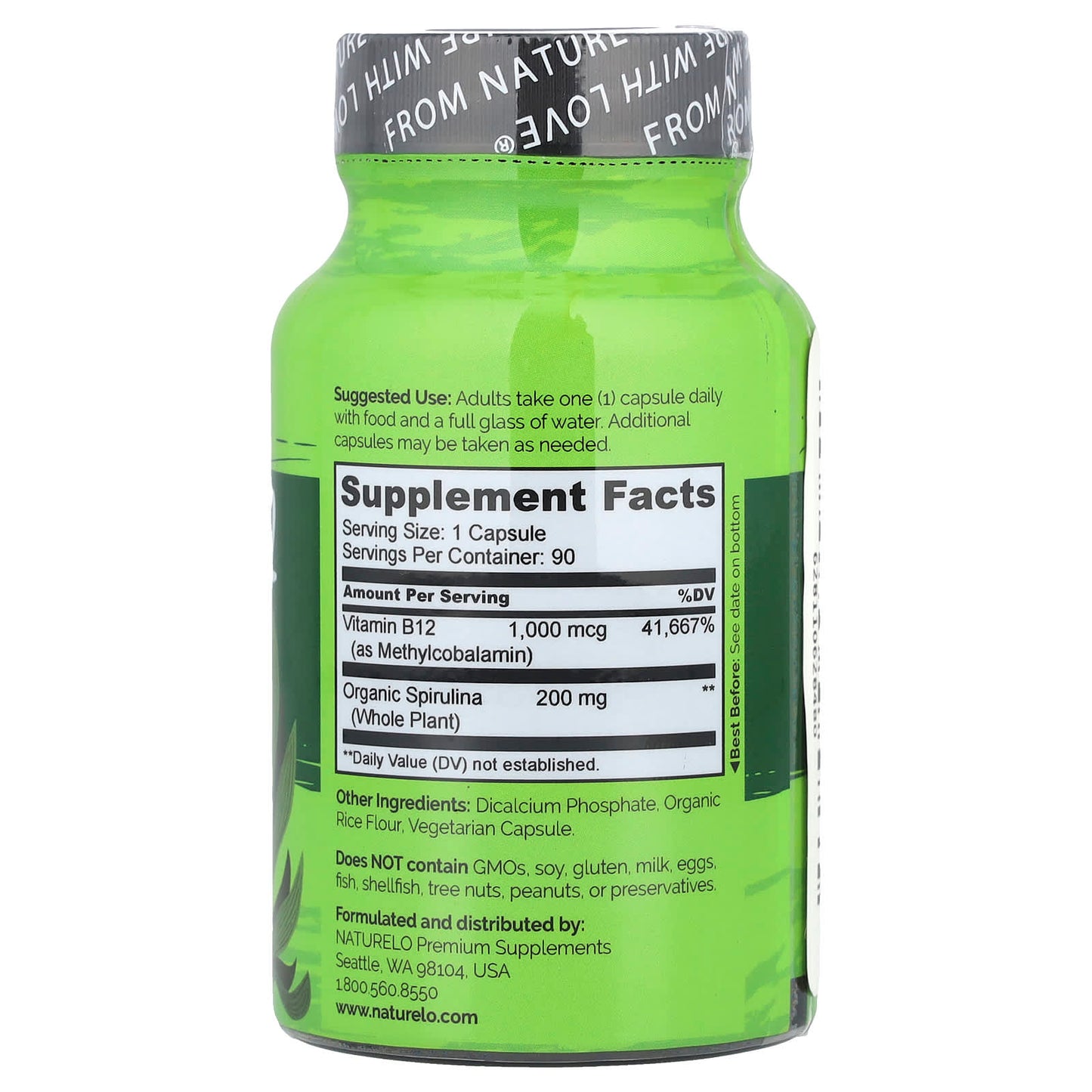 NATURELO, Vegan B12 Infused with Spirulina, 90 Easy Swallow Capsules - Image 2