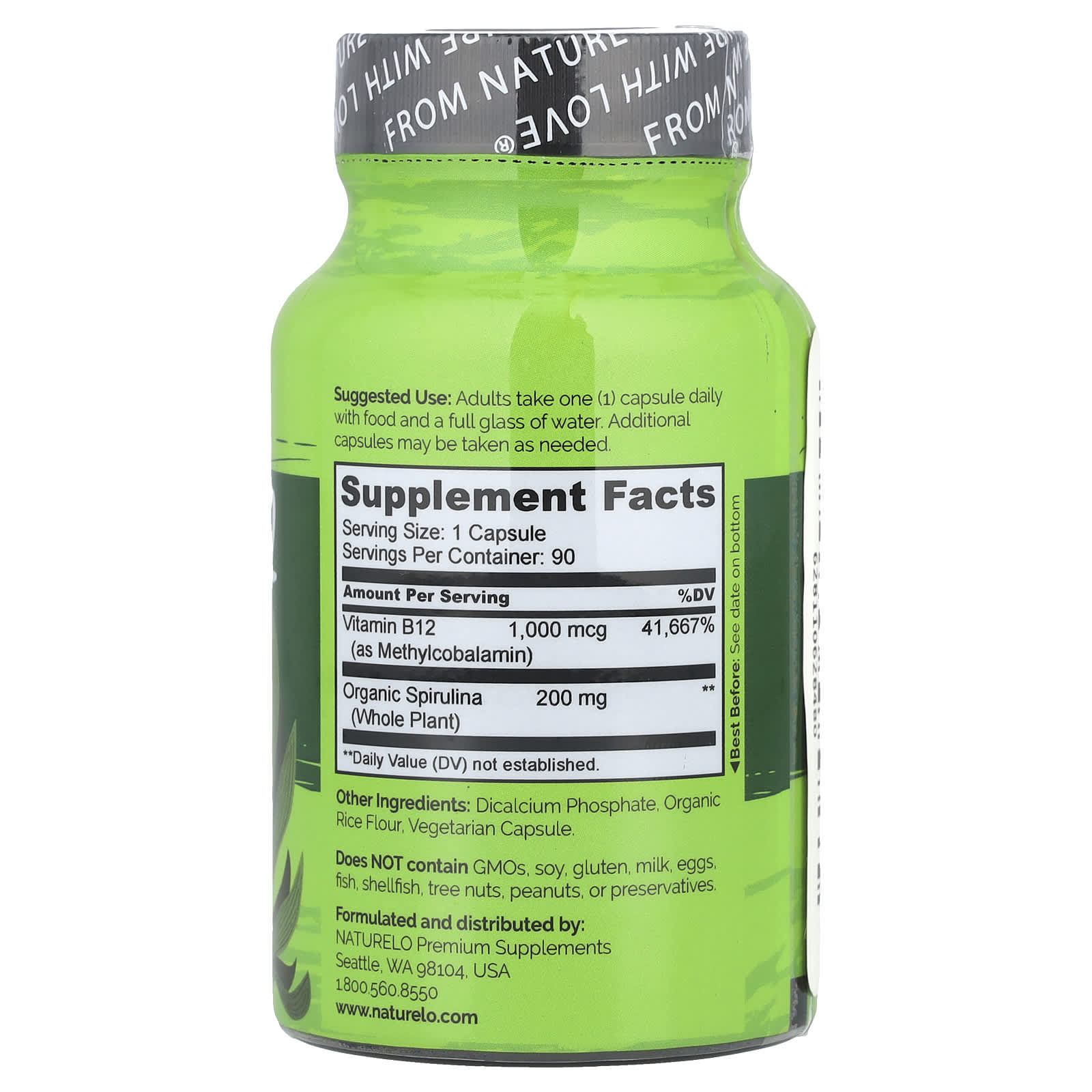 NATURELO, Vegan B12 Infused with Spirulina, 90 Easy Swallow Capsules - Image 2