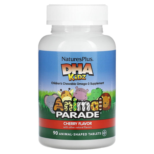 NaturesPlus, Animal Parade, DHA Kids, Children's Chewable Omega-3 Supplement, Cherry, 90 Animal-Shaped Tablets - Image 1
