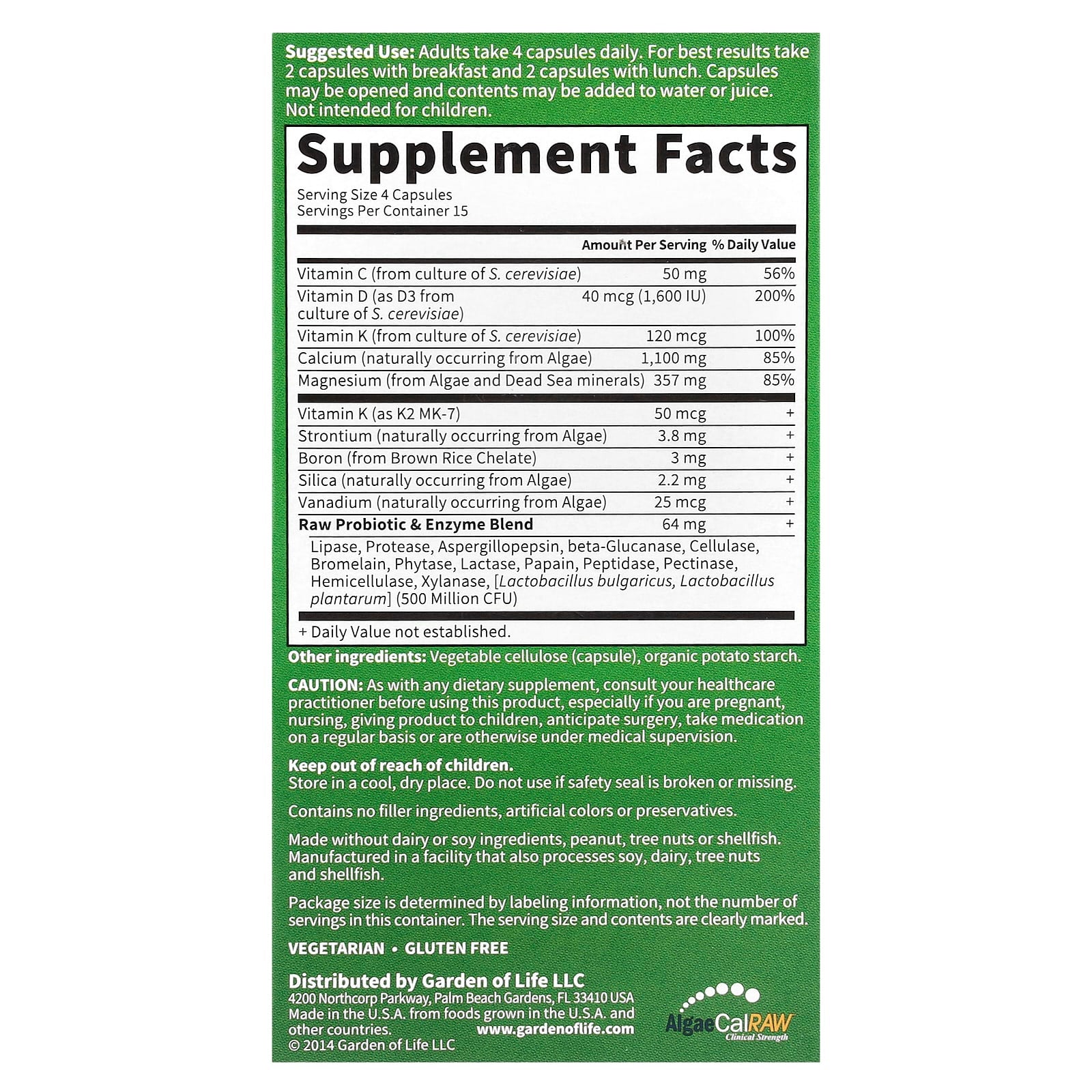 Garden of Life RAW Calcium Vitamin D3 K2 MK-7 60 Capsules - Image 2