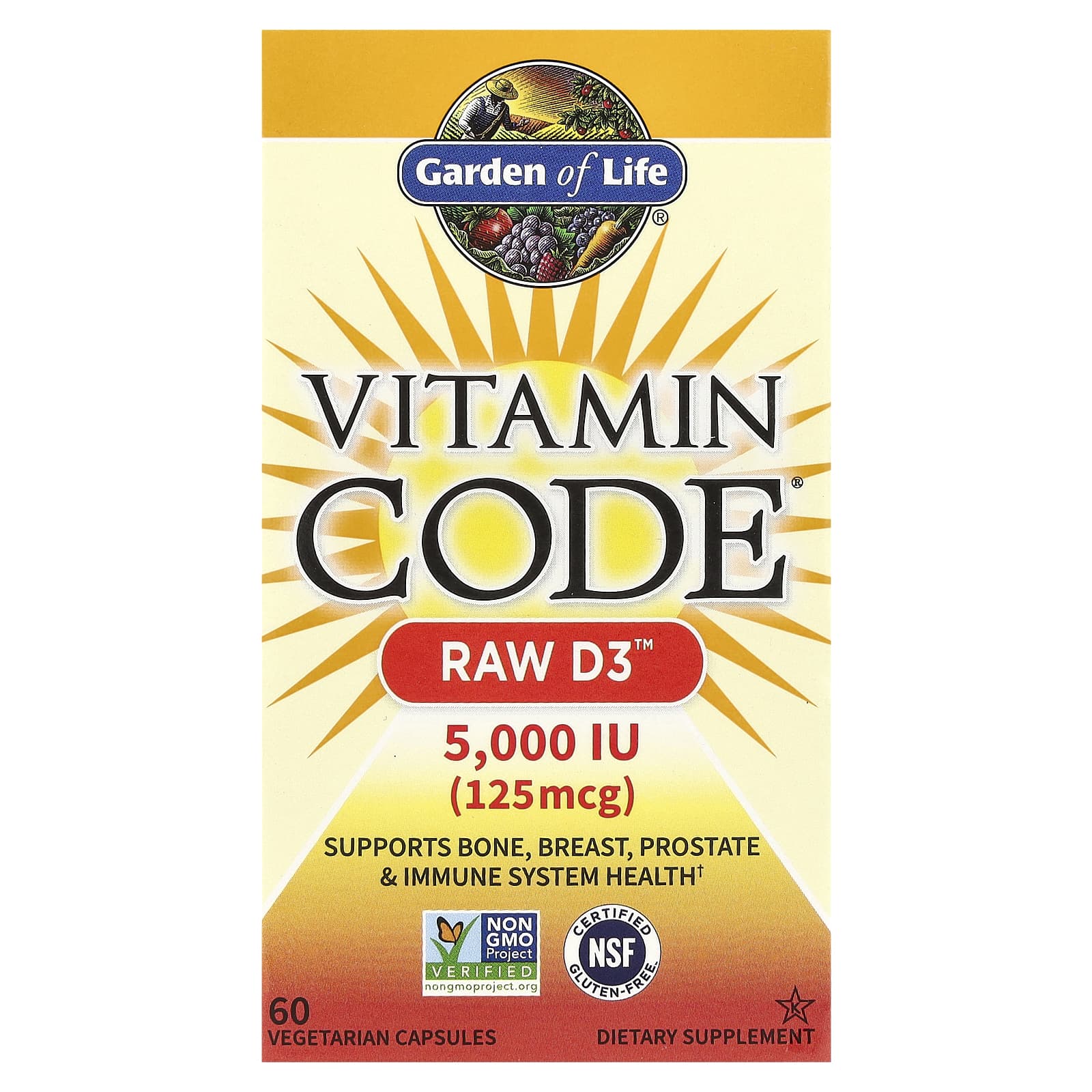 Garden of Life RAW D3 125 mcg, 5000 IU, 60 Vegetarian Capsules - Image 1