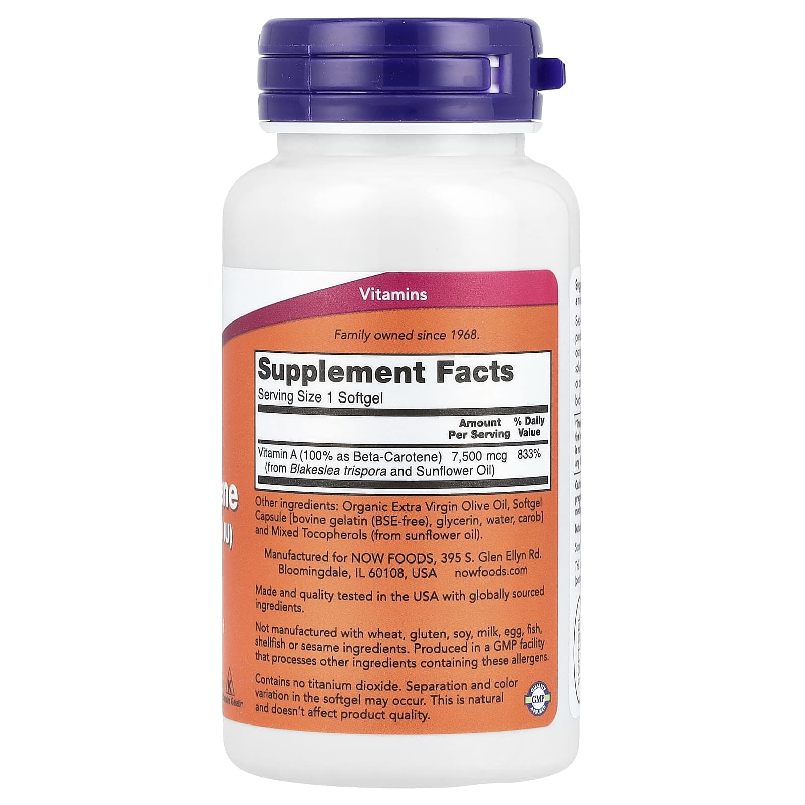 NOW Foods, Natural Beta Carotene, 7,500 mcg (25,000 IU), 90 Softgels - Image 2
