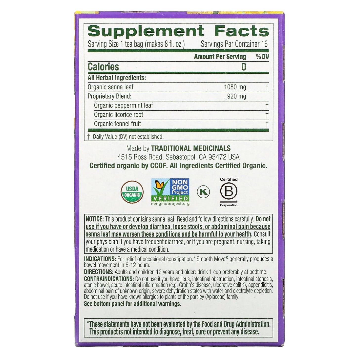 Traditional Medicinals, Organic Smooth Move, Senna Peppermint, Caffeine Free, 16 Wrapped Tea Bags, 1.13 oz (32 g) - Image 2