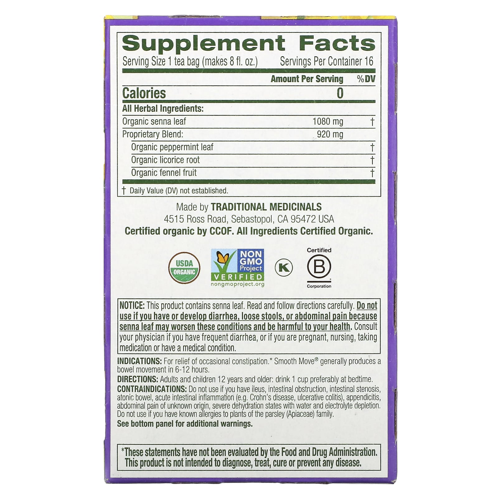 Traditional Medicinals, Organic Smooth Move, Senna Peppermint, Caffeine Free, 16 Wrapped Tea Bags, 1.13 oz (32 g) - Image 2
