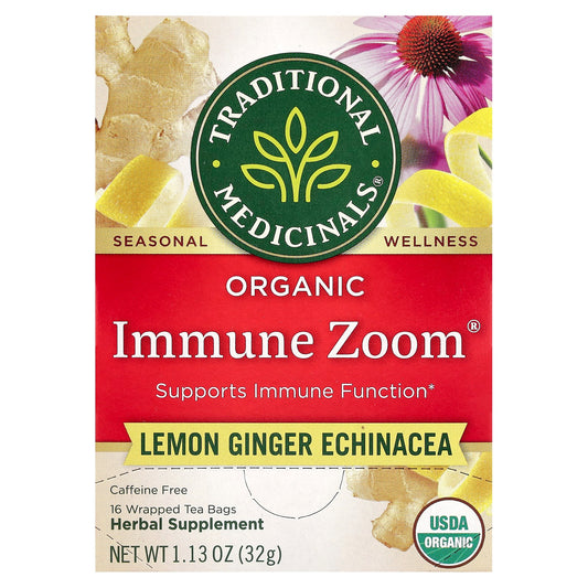 Traditional Medicinals, Organic Immune Zoom®, Lemon Ginger Echinacea, Caffeine Free, 16 Wrapped Tea Bags, 1.13 oz (32 g) - Image 1