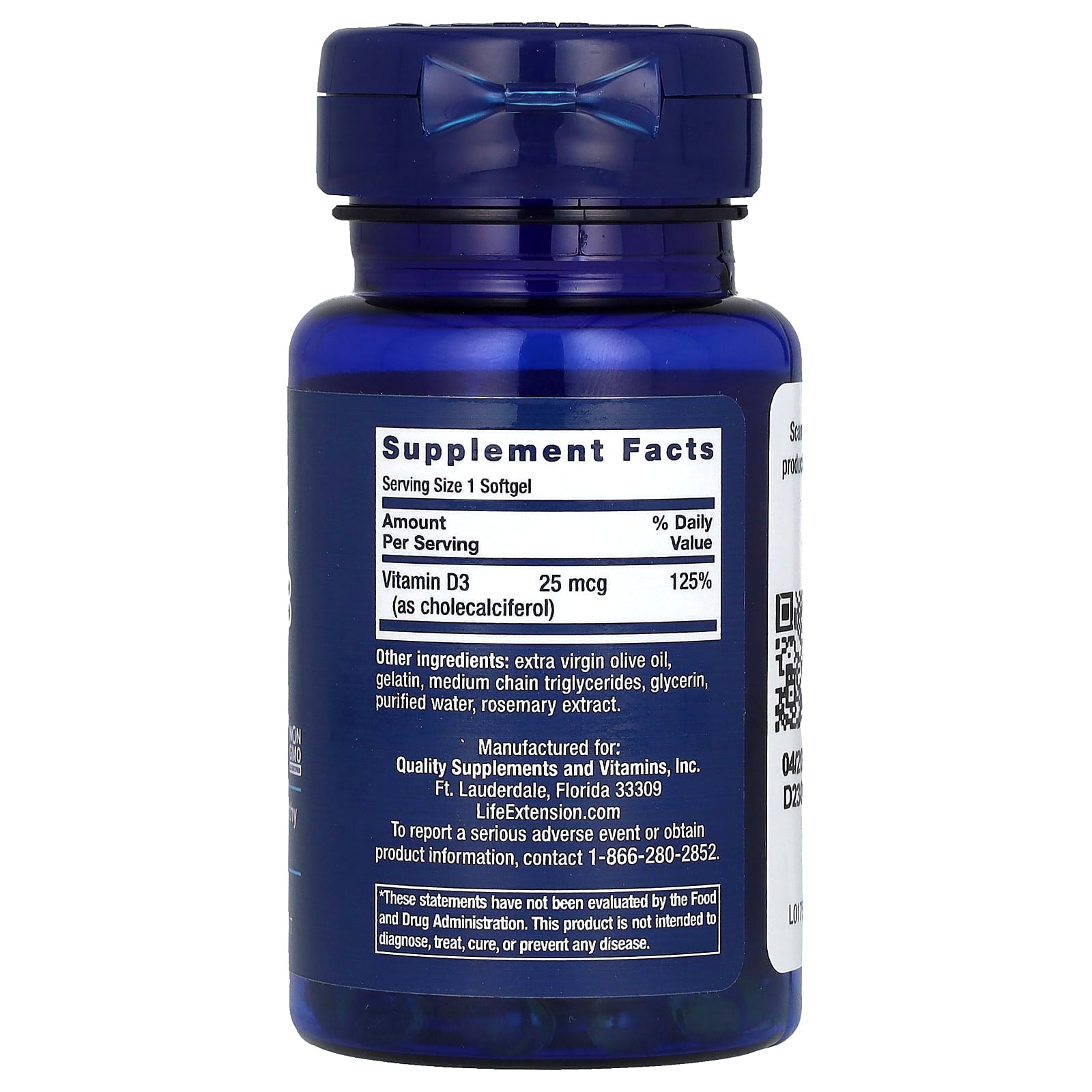Life Extension, Vitamin D3, 25 mcg (1,000 IU), 90 Softgels - Image 2