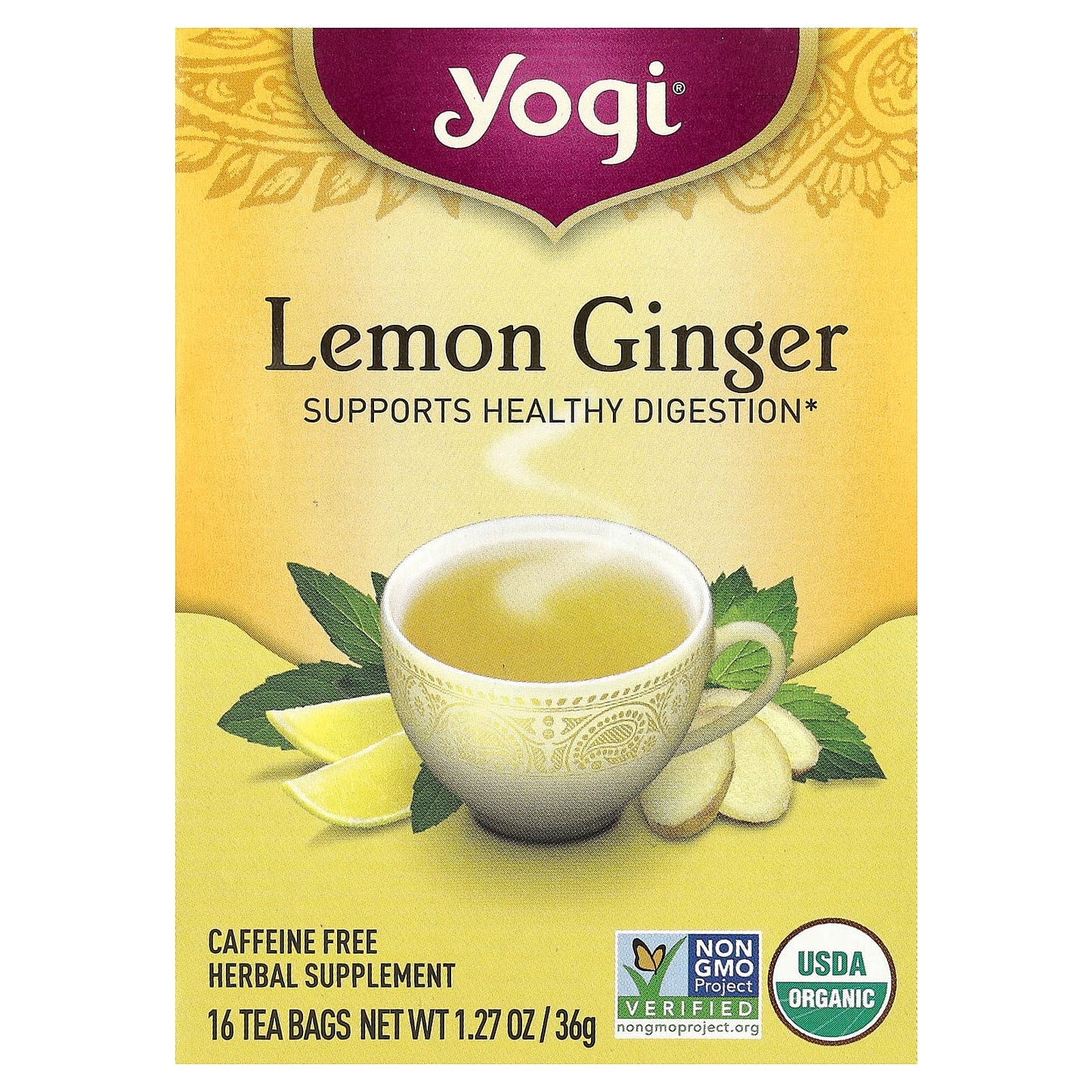 Yogi Tea, Lemon Ginger, Caffeine Free, 16 Tea Bags, 1.27 oz (36 g) - Image 1