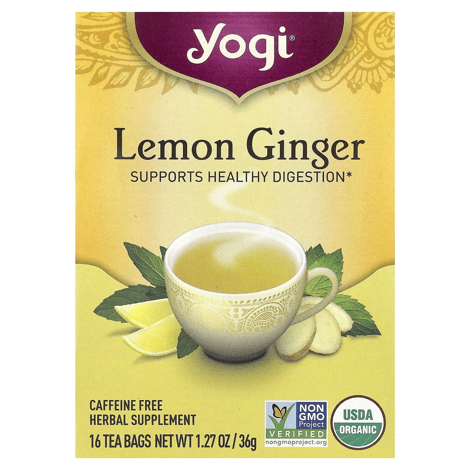 Yogi Tea, Lemon Ginger, Caffeine Free, 16 Tea Bags, 1.27 oz (36 g) - Image 1