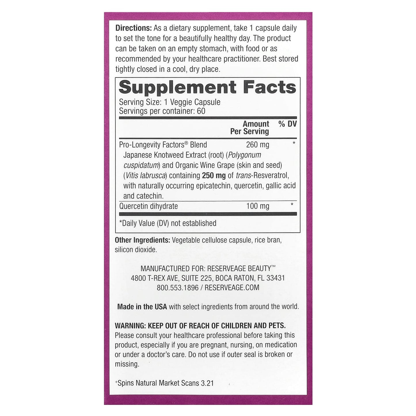 Reserveage Beauty, Resveratrol, Trans-Resveratrol, 60 Veggie Capsules - Image 2