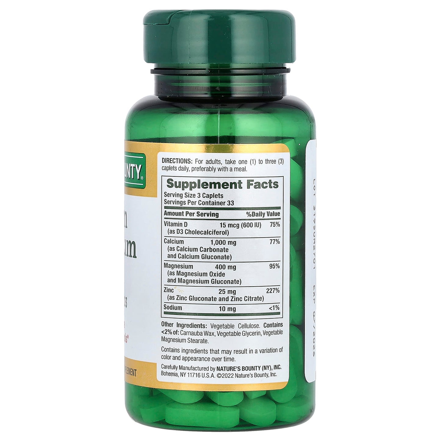 Nature's Bounty, Calcium Magnesium Zinc with Vitamin D3, 100 Coated Caplets - Image 2