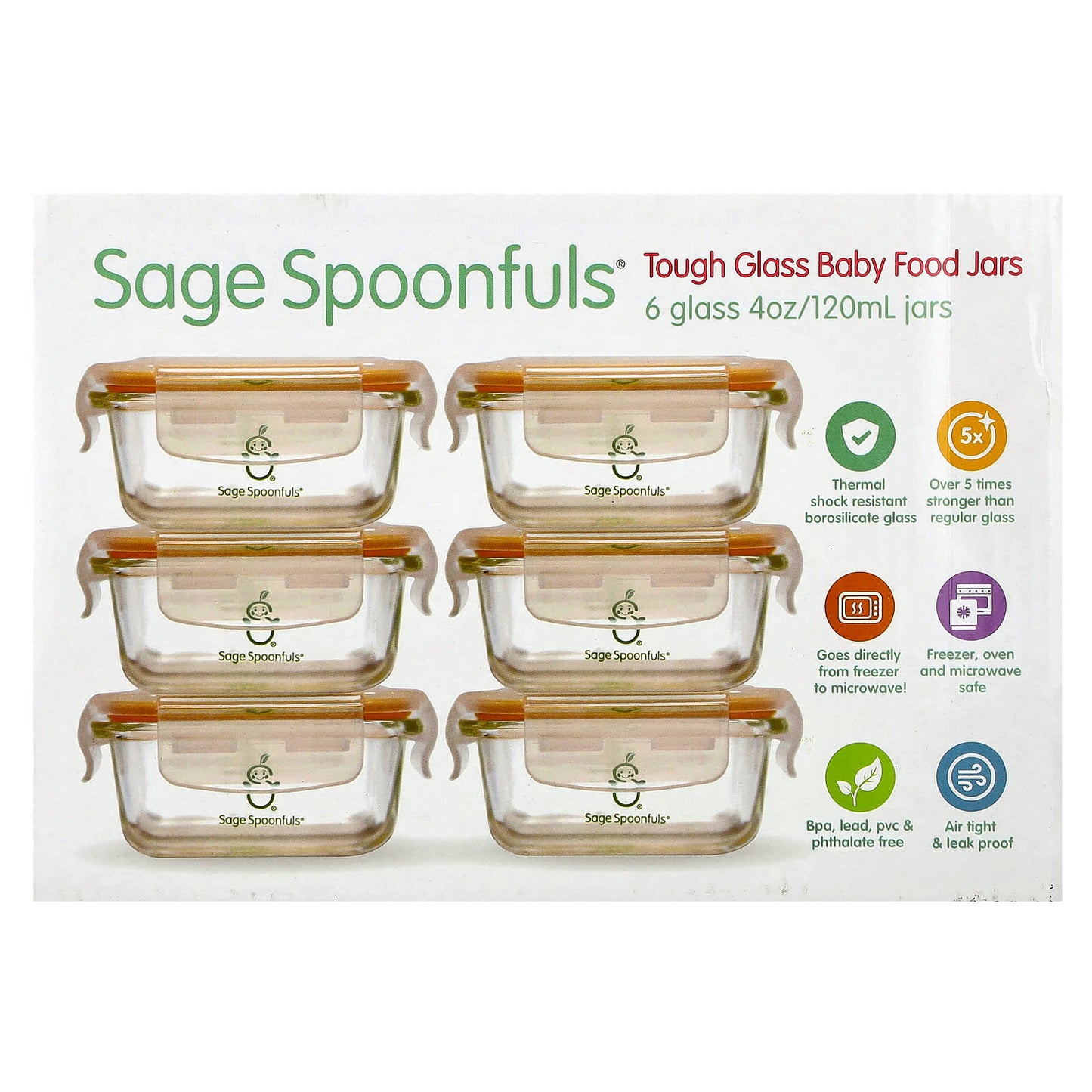 Sage Spoonfuls, Tough Glass Baby Food Jars, 6 Pack, 4 oz (120 ml) Each - Image 1