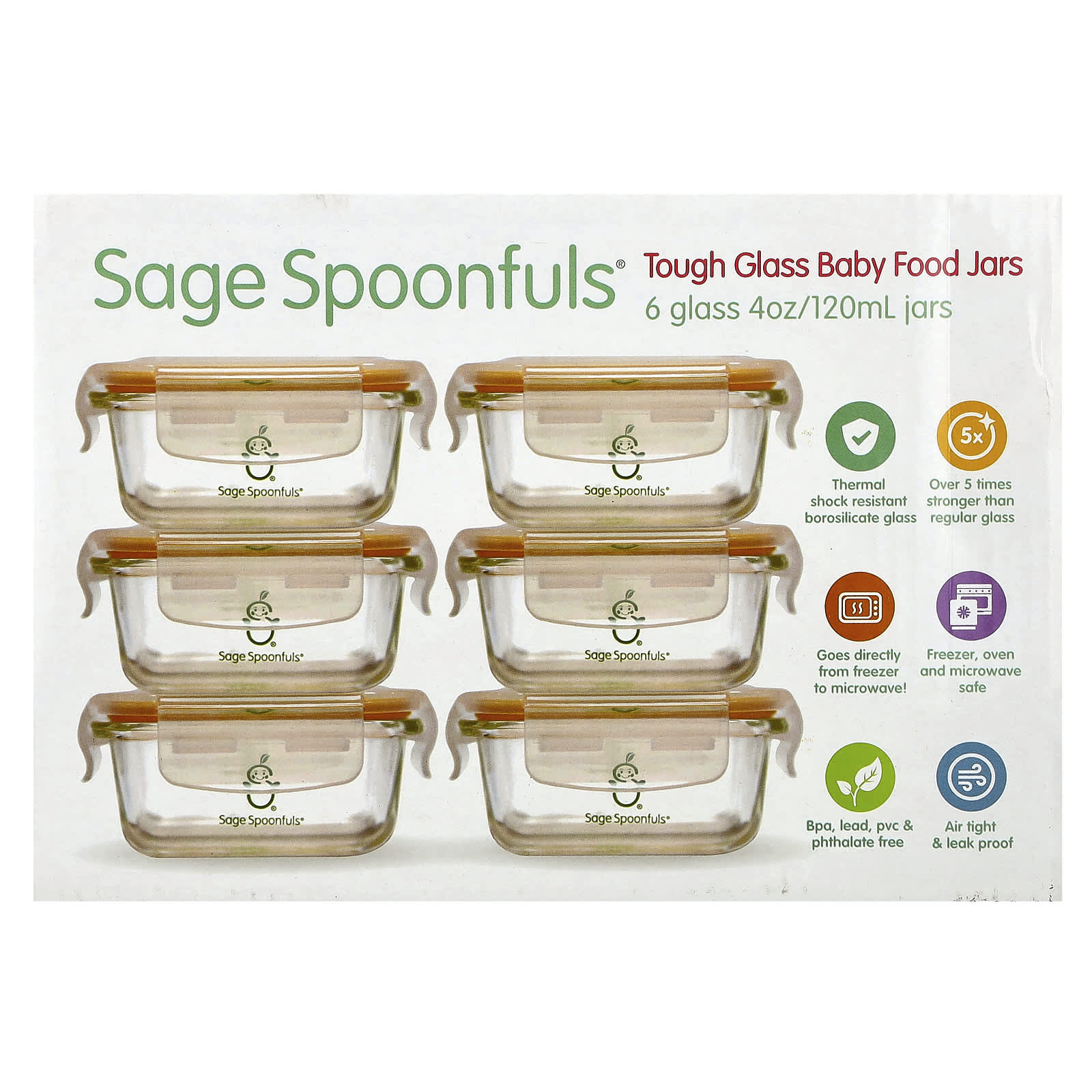Sage Spoonfuls, Tough Glass Baby Food Jars, 6 Pack, 4 oz (120 ml) Each - Image 1