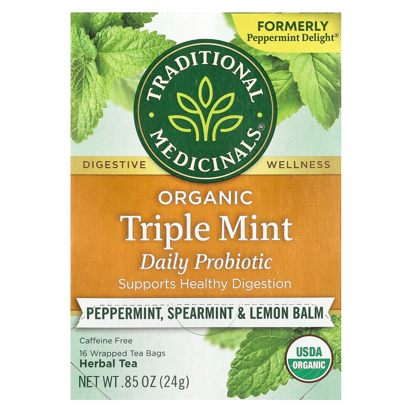 Traditional Medicinals, Organic Herbal Tea, Triple Mint Daily Probiotic, Caffeine Free, Peppermint, Spearmint & Lemon Balm, 16 Wrapped Tea Bags, 0.85 oz (24 g) - Image 1