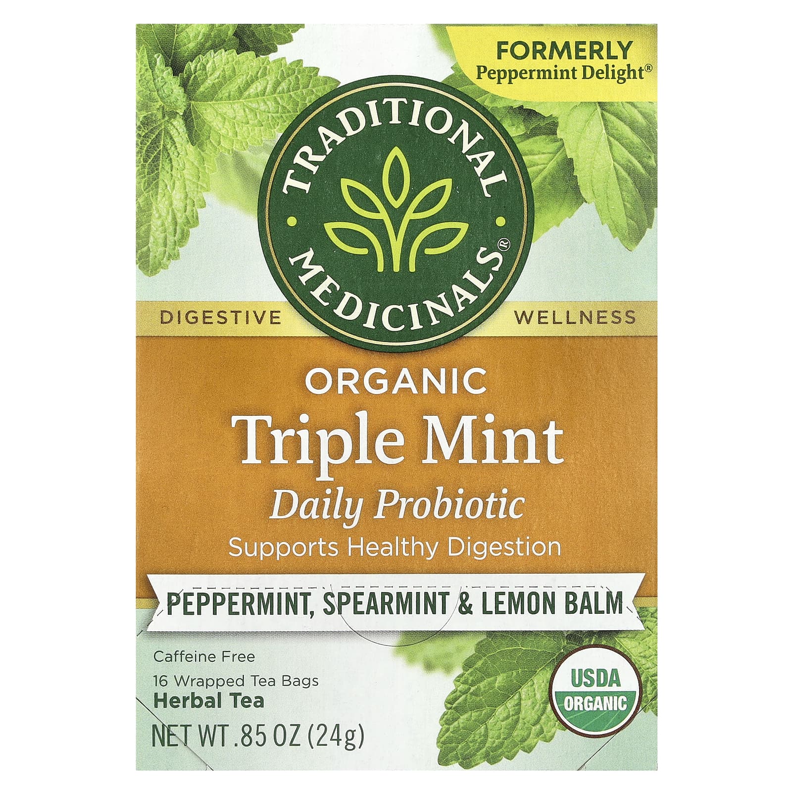 Traditional Medicinals, Organic Herbal Tea, Triple Mint Daily Probiotic, Caffeine Free, Peppermint, Spearmint & Lemon Balm, 16 Wrapped Tea Bags, 0.85 oz (24 g) - Image 1