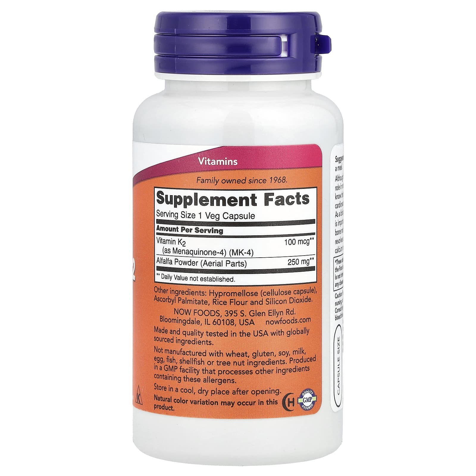 NOW Foods, Vitamin K-2, 100 mcg, 100 Veg Capsules - Image 2