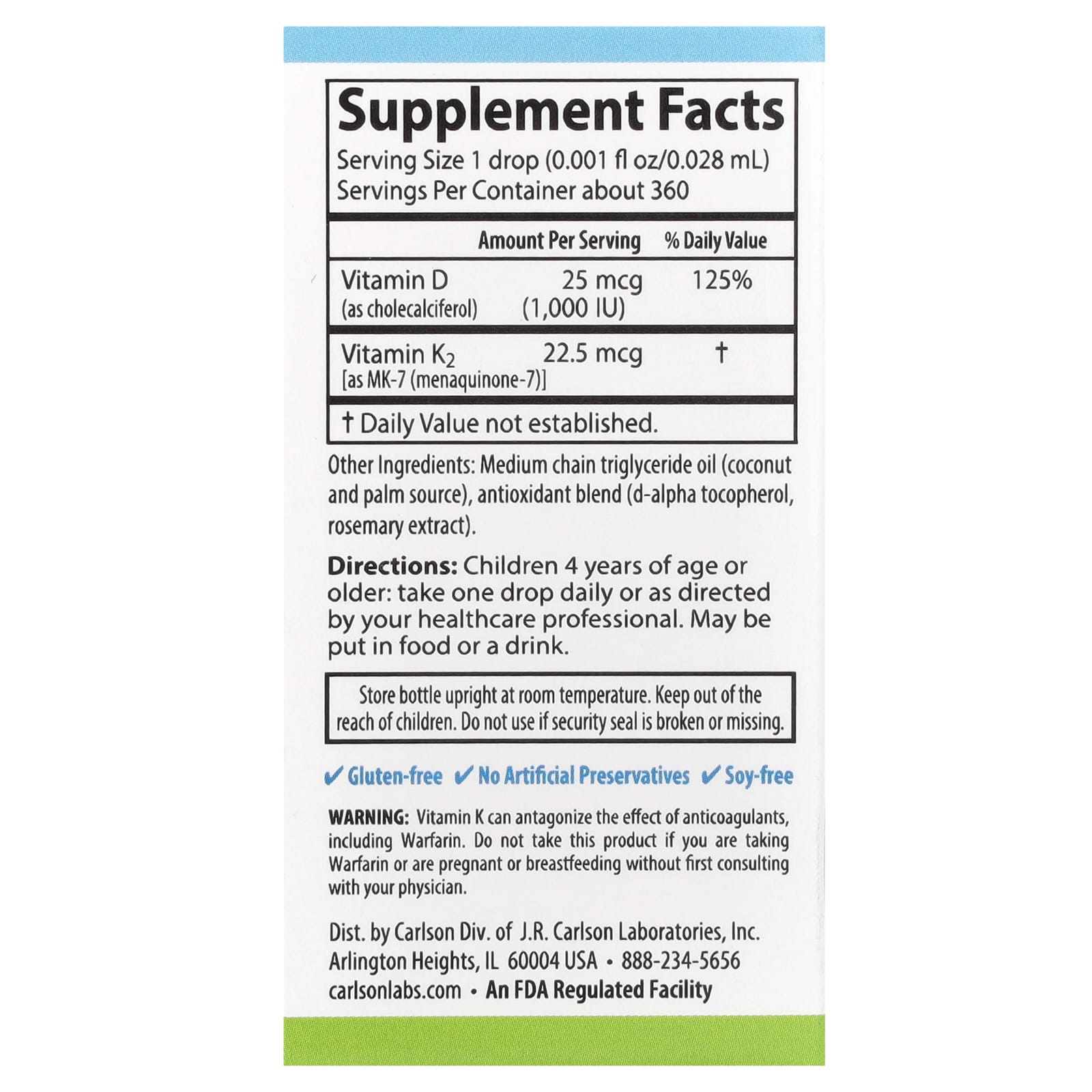 Carlson Kid's Super Daily D3 + K2 Liquid Vitamins, 360 Droppers - Image 2