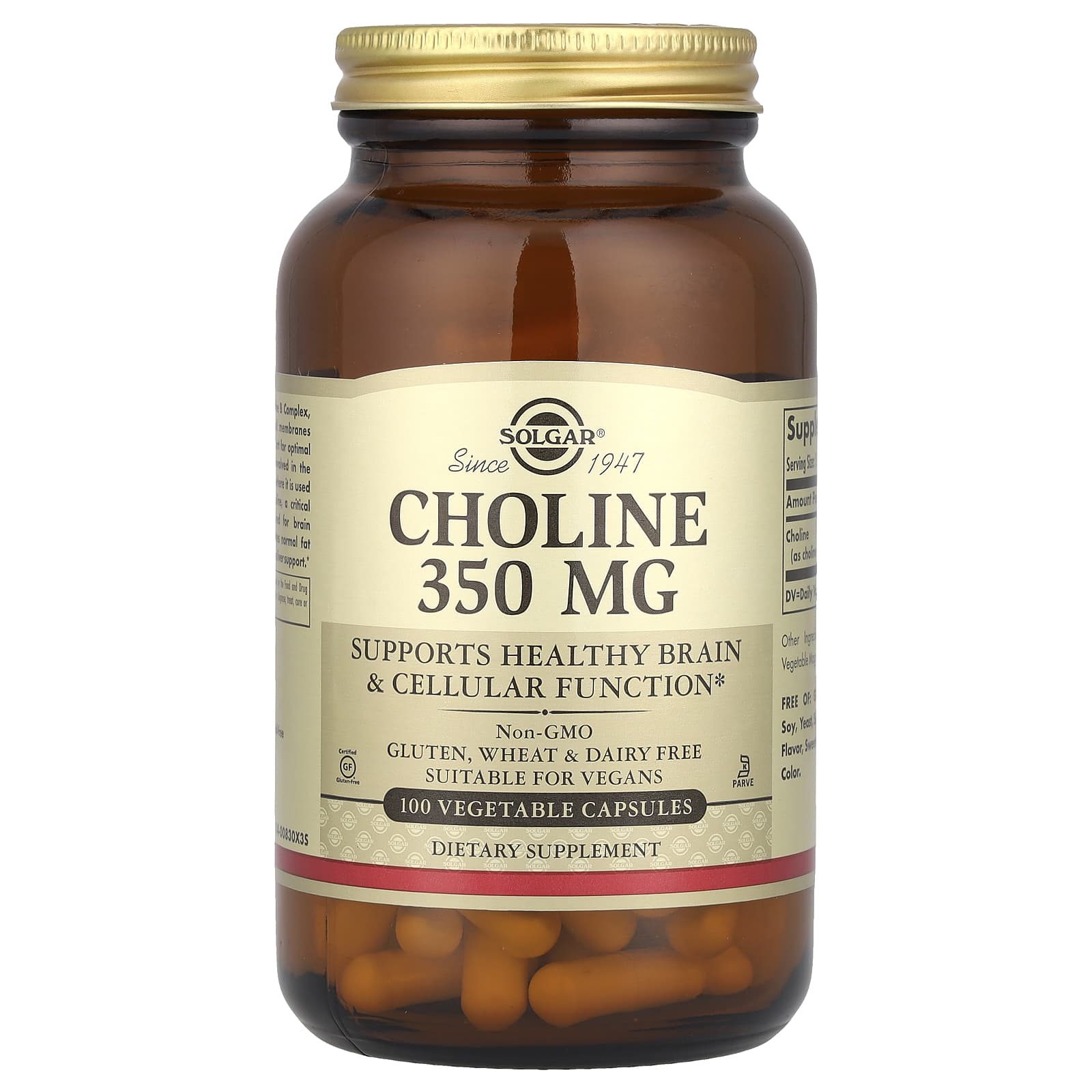 Solgar, Choline, 350 mg, 100 Vegetable Capsule - Image 1
